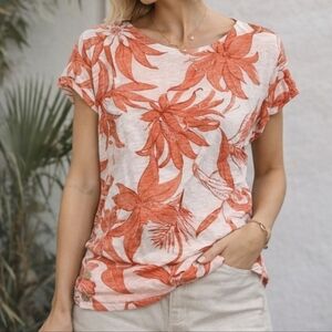 Halston Heritage 100% Linen Coral Tropical Floral Top Women S Resort Vacation
